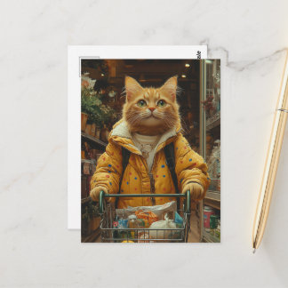 Schattige kaneelkleurige kat boodschappen doen briefkaart