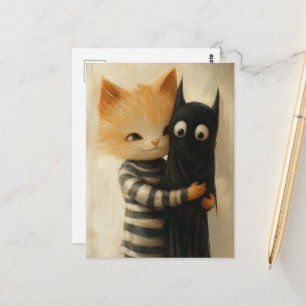 Schattige kaneelkleurige kat en een zwarte katteng briefkaart