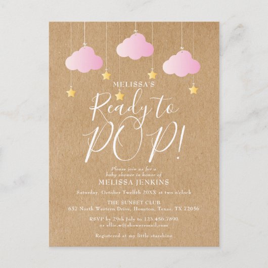 Schattige Kant-en-Klare Rustieke Roze Baby Shower Uitnodiging Briefkaart (Voorkant)