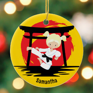 Schattige Karate Meisje Kinder Naam Kerstmis Keramisch Ornament
