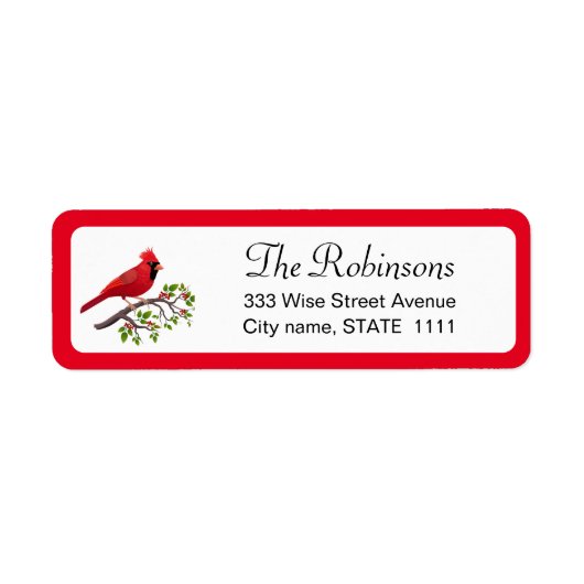 Schattige kardinaal met Holly Leaves op White Labe Etiket (Voorkant)