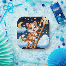 Schattige Kat beklimt maanladder Papieren Bordje