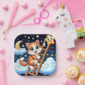 Schattige Kat beklimt maanladder Papieren Bordje (Feest)