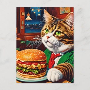 Schattige Kat bij een Diner Cheeseburger Briefkaart