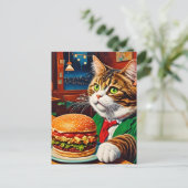 Schattige Kat bij een  Diner Cheeseburger Briefkaart (Staand voorkant)