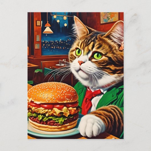 Schattige Kat bij een  Diner Cheeseburger Briefkaart (Voorkant)