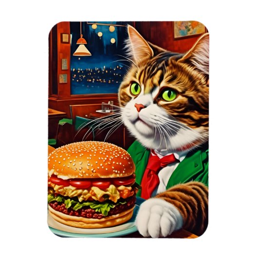 Schattige Kat bij een  Diner Cheeseburger Magneet (Verticaal)