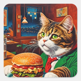 Schattige Kat bij een Diner Cheeseburger Vierkante Sticker