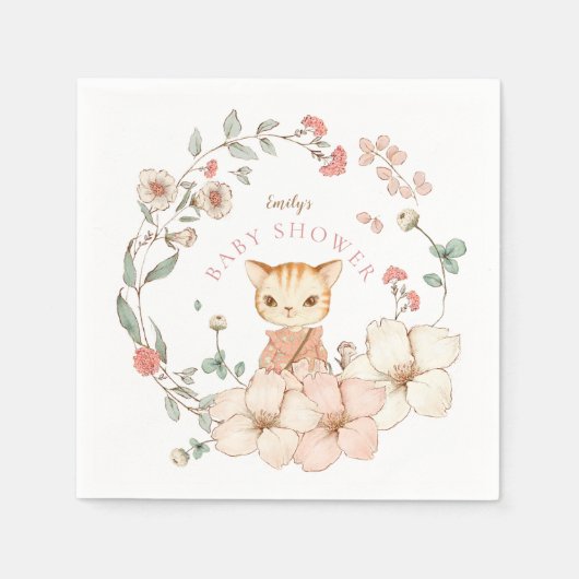  Schattige Kat Blush Bloemen Meisje Baby shower Servet (Voorkant)
