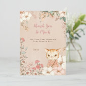  Schattige Kat Botanisch Roze Meisje Baby shower Bedankkaart (Staand voorkant)