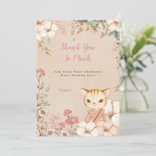Schattige Kat Botanisch Roze Meisje Baby shower Bedankkaart (Staand voorkant)