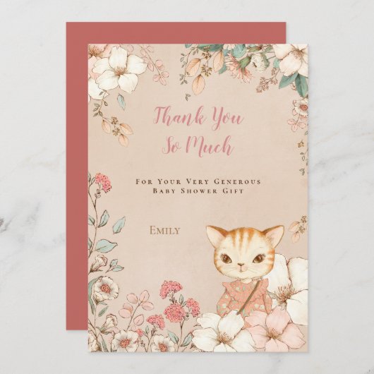  Schattige Kat Botanisch Roze Meisje Baby shower Bedankkaart (Voorkant / Achterkant)