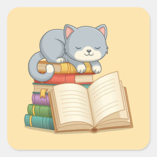Schattige kat bovenop een stapel boeken Geel Vierkante Sticker