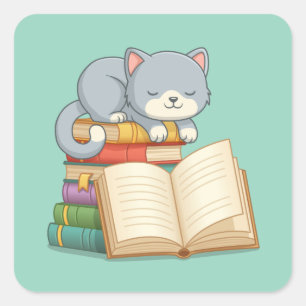 Schattige kat bovenop een stapel boeken groen vierkante sticker