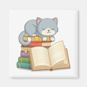 Schattige kat bovenop een stapel boeken magneet