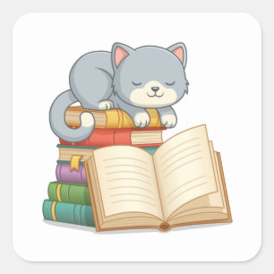 Schattige kat bovenop een stapel boeken vierkante sticker
