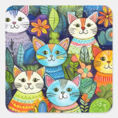 Schattige kat Cartoon Patroon Vierkante Sticker (Voorkant)