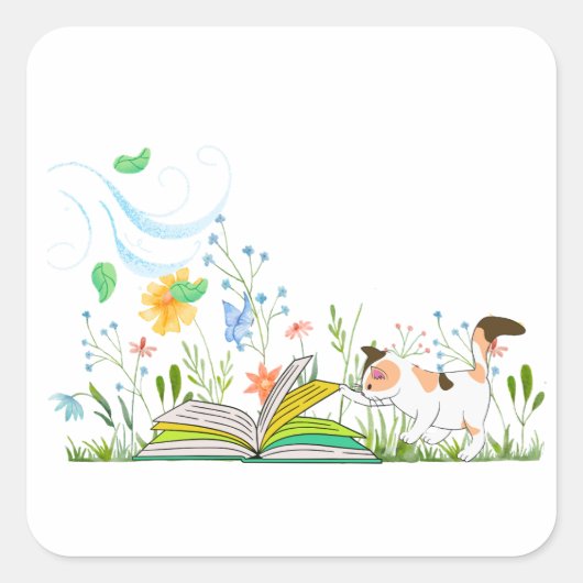 Schattige Kat dat een boek leest. Vierkante Sticker (Voorkant)