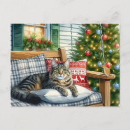 Schattige kat die bij kerstboom ligt vakantie ansi briefkaart