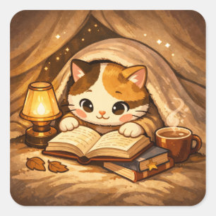 Schattige kat die boek leest   Aangename kat die v Vierkante Sticker