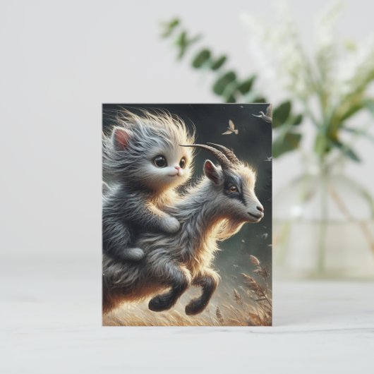 Schattige kat die op een geit rijdt briefkaart (Staand voorkant)