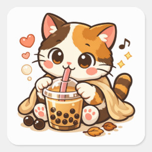 Schattige Kat Drinkt Bubble Tea Kawaii Kat Ontwe Vierkante Sticker