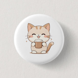 Schattige Kat Drinkt Koffie Kawaii-ontwerp Ronde Button 3,2 Cm