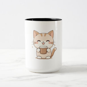 Schattige Kat Drinkt Koffie Kawaii-ontwerp Tweekleurige Koffiemok