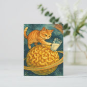 Schattige kat duwt melk van planeet briefkaart (Staand voorkant)