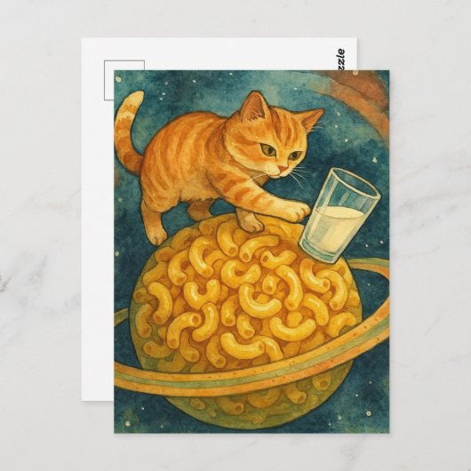 Schattige kat duwt melk van planeet briefkaart (Voorkant / Achterkant)