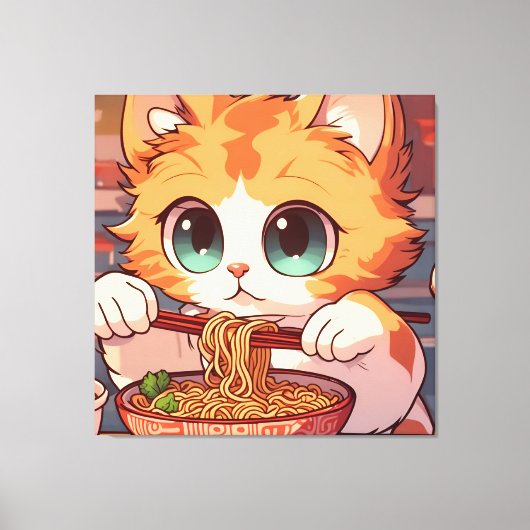 Schattige Kat Eating Ramen Canvas Afdruk (Voorkant)