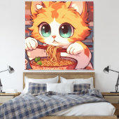 Schattige Kat Eating Ramen Canvas Afdruk (Insitu (Slaapkamer))