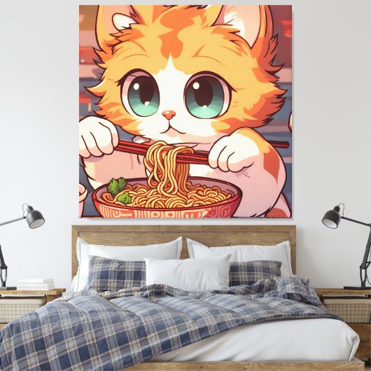 Schattige Kat Eating Ramen Canvas Afdruk (Insitu (Slaapkamer))