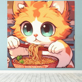 Schattige Kat Eating Ramen Canvas Afdruk (Insitu (Houten vloer))
