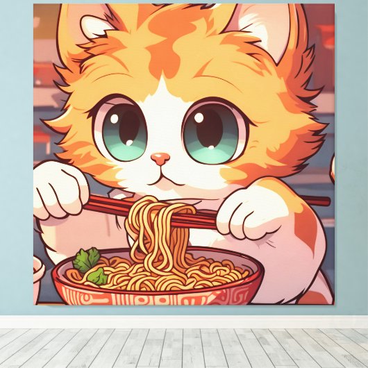 Schattige Kat Eating Ramen Canvas Afdruk (Insitu (Houten vloer))