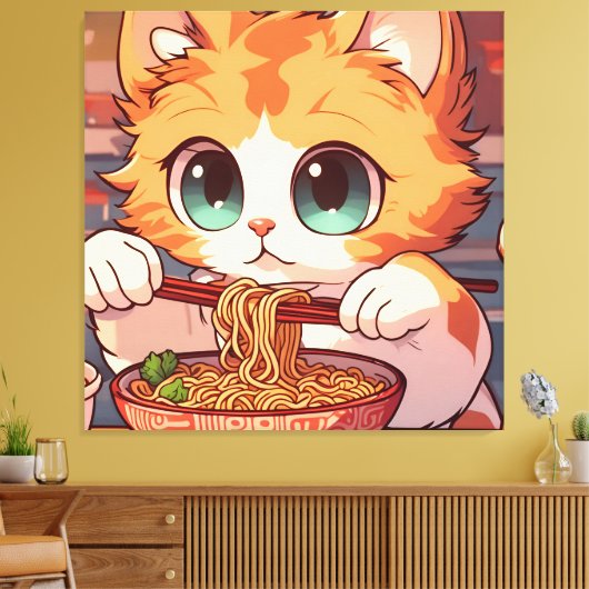 Schattige Kat Eating Ramen Canvas Afdruk (Insitu (Woonkamer))