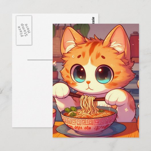 Schattige Kat Eating Ramen Noedels Briefkaart (Voorkant / Achterkant)