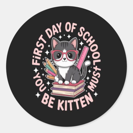 Schattige Kat Eerste Dag Op School Ronde Sticker (Voorkant)