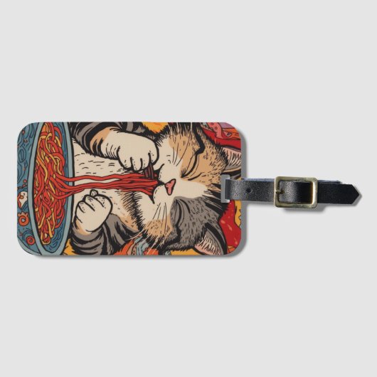 Schattige kat eet noedels bagagelabel (Voorkant (horizontaal))