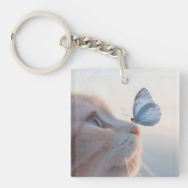 Schattige kat en blauwe vlinder sleutelhanger
