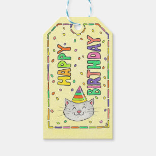 Schattige kat en confetti gelukkige verjaardag cadeaulabel