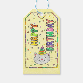 Schattige kat en confetti gelukkige verjaardag cadeaulabel