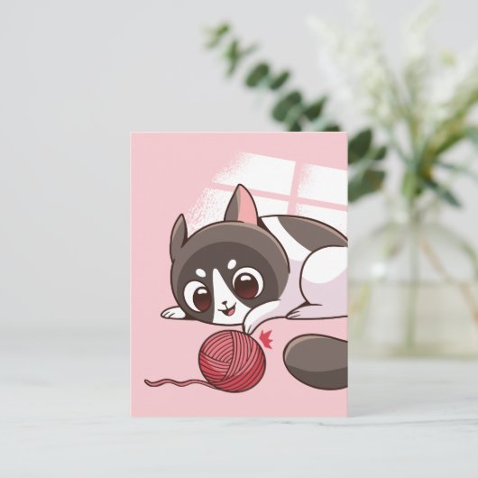 Schattige kat en garen briefkaart (Staand voorkant)