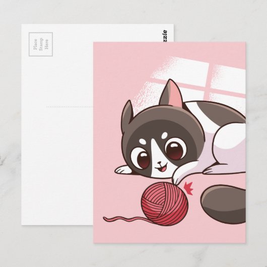 Schattige kat en garen briefkaart (Voorkant / Achterkant)