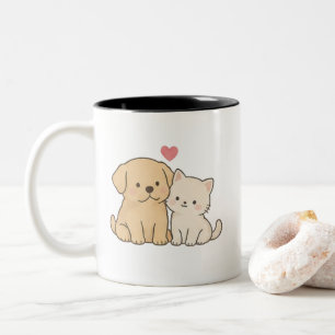Schattige kat en hond beste vrienden Kawaii Puppy Tweekleurige Koffiemok