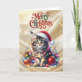 Schattige kat en slingerlichtjes Kerstmis Feestdagen Kaart