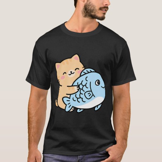 Schattige kat en vis-cartoon t-shirt (Voorkant)
