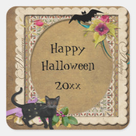 Schattige Kat en Vleermuis Vintage Halloween Vierkante Sticker