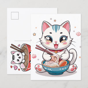 Schattige kat geniet van smakelijke Ramen Noedel m Feestdagenkaart