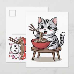 Schattige kat geniet van smakelijke Ramen Noedels Feestdagenkaart